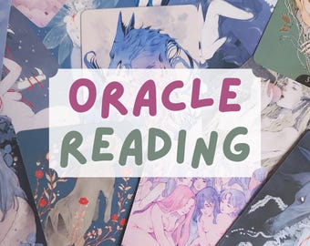 Op de afbeelding: Een verzameling orakelkaarten met kleurrijke illustraties en de tekst "ORACLE READING" op een roze en groene banner.