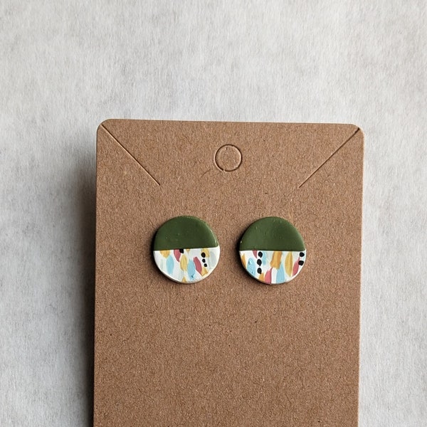 Hand painted stud earrings, hunter green and specked clay earrings