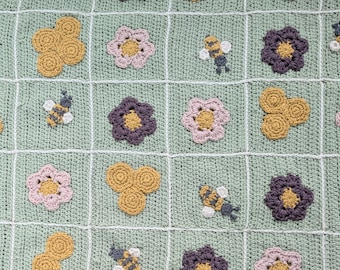 Crochet PATTERN with VIDEO Tutorial Honey Bee and Flower Baby Blanket, Crib size blanket, pattern for afghan