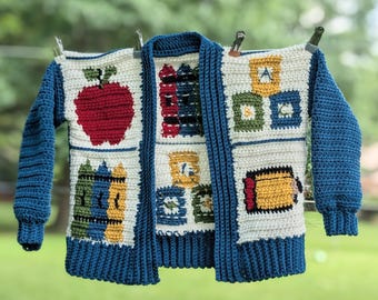 Back to School Crochet Cardigan PATTERN with VIDEO tutorial Child size s/m and adult sizes s-xl