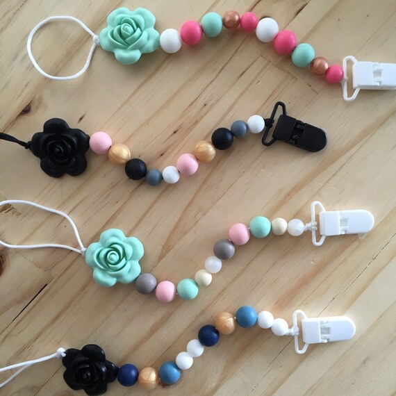 Items similar to Chew Bead Pacifier Clip Roses Silicone Pacifier Clip