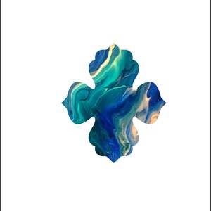 May include: Abstract art piece featuring a four-lobed shape with a fluid, marbled design. The artwork showcases a blend of blues, greens, and hints of yellow, creating a dynamic and visually appealing composition. The shape is set against a stark white background.