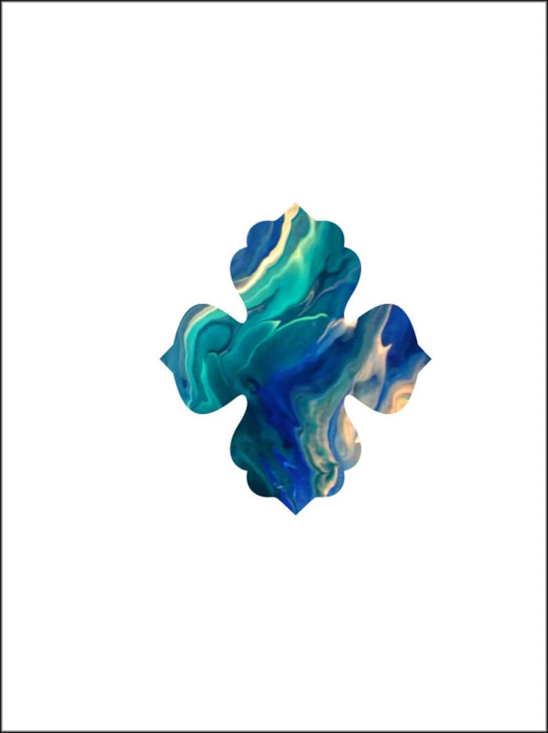 May include: Abstract art piece featuring a four-lobed shape with a fluid, marbled design. The artwork showcases a blend of blues, greens, and hints of yellow, creating a dynamic and visually appealing composition. The shape is set against a stark white background.