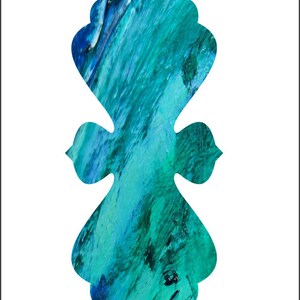May include: Abstract art piece in a unique shape, featuring a blend of teal, turquoise, and deep blue hues. The design has a textured appearance, with brushstroke-like patterns creating visual depth. The artwork is set against a clean white background.