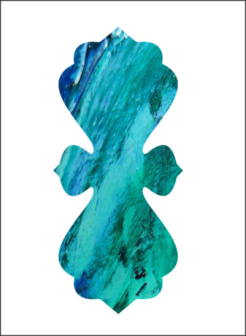 May include: Abstract art piece in a unique shape, featuring a blend of teal, turquoise, and deep blue hues. The design has a textured appearance, with brushstroke-like patterns creating visual depth. The artwork is set against a clean white background.