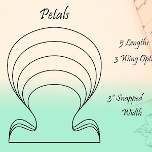 May include: A line drawing of five petal shapes in different sizes, ranging from 8 inches to 16 inches. The text "Petals" is at the top of the image. The text "5 Lengths", "3 Wing Options", "3" Snapped Width", and "All Fluffed Up" is also included in the image.