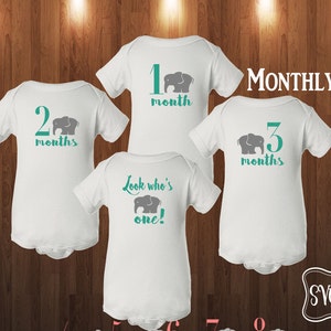May include: A set of 11 white baby onesies with gray elephant and teal text. The onesies are numbered 1 through 11, with the text "months" below each number. The onesie numbered 1 also has the text "Look who's one!"  The text "MONTHLY SVGS" is at the top of the image. The text "SVG Depot" is at the bottom of the image.