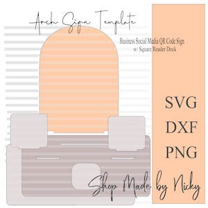 Może przedstawiać: Szablon cyfrowego znaku dla firmy z czytnikiem kwadratowym. Szablon jest w kolorze brzoskwiniowym i szarym z zaokrąglonym wierzchołkiem i miejscem na kod QR. Tekst "Business Social Media QR Code Sign w/ Square Reader Dock" znajduje się na górze szablonu. Tekst "SVG DXF PNG Shop Made by Nicky" znajduje się na dole szablonu.