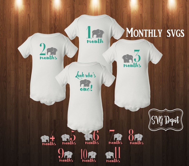 May include: A set of 11 white baby onesies with gray elephant and teal text. The onesies are numbered 1 through 11, with the text "months" below each number. The onesie numbered 1 also has the text "Look who's one!"  The text "MONTHLY SVGS" is at the top of the image. The text "SVG Depot" is at the bottom of the image.