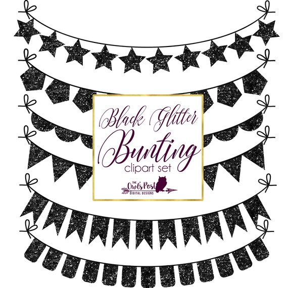 Black Glitter Bunting Digital Clipart Set Black Pennant Etsy