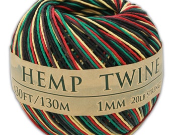 Hemp Twine, All-Natural 1mm Variegated in Rainbow, USA, and Rasta, 430 feet