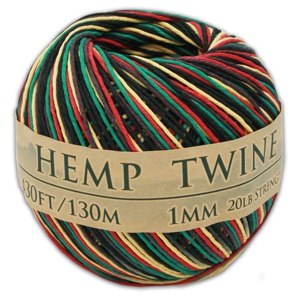 Hemp Twine, All-Natural 1mm Variegated in Rainbow, USA, and Rasta, 430 feet