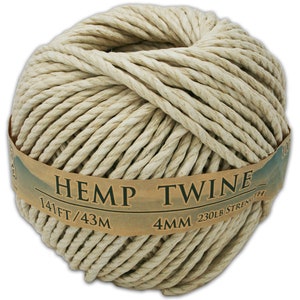 May include: A ball of natural hemp twine, 4mm thick, with a brown label that reads "HEMP TWINE 141 FT/43M 4MM 230LB STRENGTH".