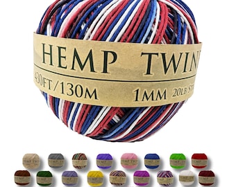 Hemp Twine, All-Natural 1mm Variegated in Rainbow, USA, and Rasta, 430 feet