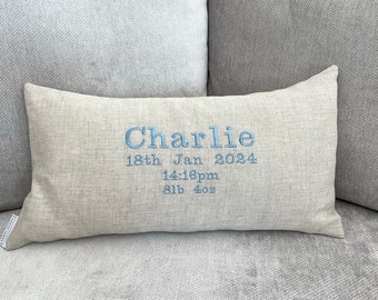 Personalised Embroidered Name Pillow, Birth Announcement Irish Linen