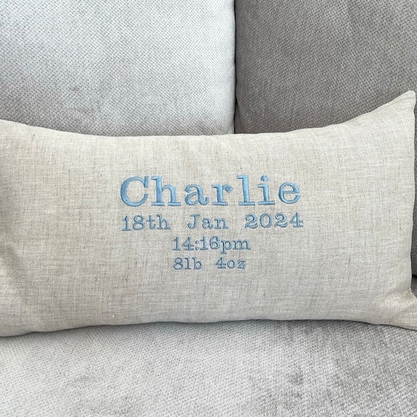 Personalised Embroidered Name Pillow, Birth Announcement Irish Linen