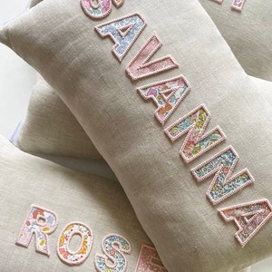 Personalised Embroidered Name Pillow Irish Linen and Liberty London Cushion