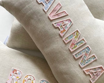 Personalised Embroidered Name Pillow Irish Linen and Liberty London Cushion