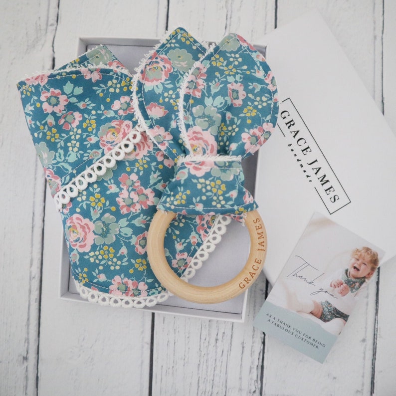Liberty London and lace dribble bib and teether