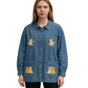 Camicia da donna vintage Passion, in denim blu con bottoni, con ricamo a forma di gattino