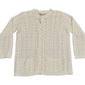 College Point Vintage Cardigan Women Small White Knit Cottagecore USA Sweater