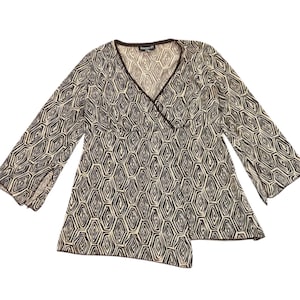 Vintage Blouse Women Small Brown Geometric Y2K Babydoll Asymmetrical Long Sleeve