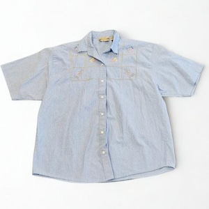 Denim Republic Women XL Light Blue Vintage Heart Floral Embroidered Cottagecore Collared Short Sleeve Button Up Shirt