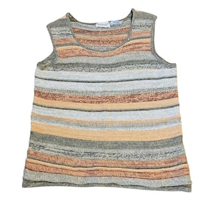 Vintage White Stag Striped Knit Tank Top Women Medium Multicolor Sleeveless Boho