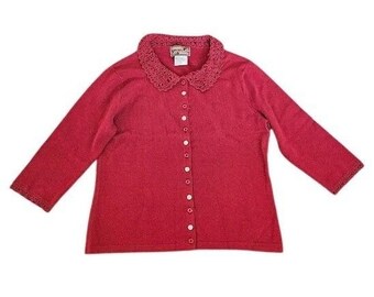 April Cornell Vintage Cardigan Women Small Red Crochet Lace Collar Cottagecore