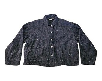 Chico's Vintage Silk Beaded Jacket Women 2 Large Black Boho Button Up Classic