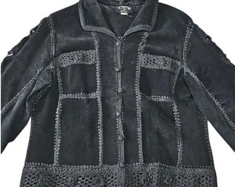 Yingying of Nevada Vintage Jacket Women Small Black Suede Leather Crochet Lace