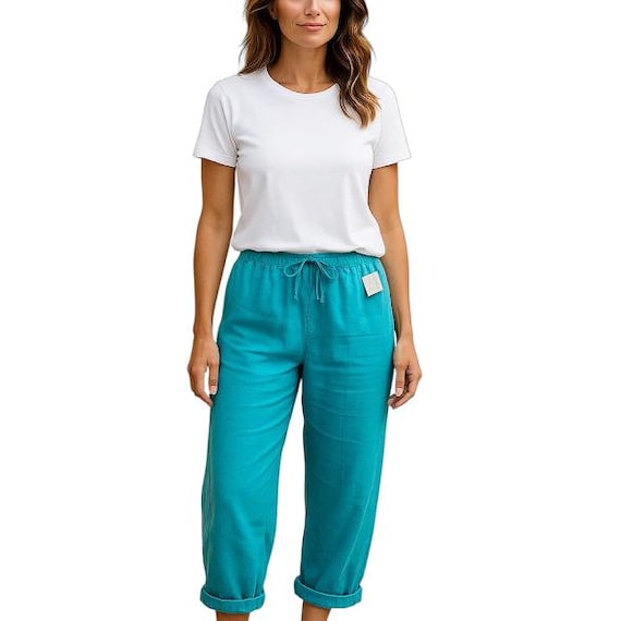 White Stag Vintage Capri Pants Women Large Blue Teal Linen Blend