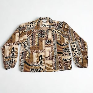 Teddi Women Petite Large Animal Print Vintage Lightweight Full Zip Big Cat Leopard Cheetah Safari Brown Tan Retro Jacket