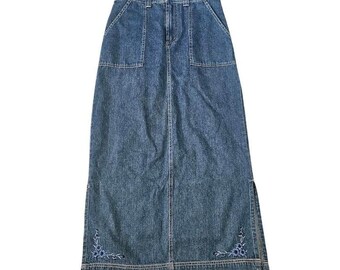 White Stag Womens Size 4 Floral Embroidered Denim Maxi Skirt Blue Vintage Slit
