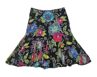 Chico's Vintage Silk Floral Skirt Size 1 Medium Black Multicolor Side Zip Boho