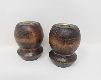 Pair Vintage Mid Century Modern Wood Brown Round Short Candlestick Holders