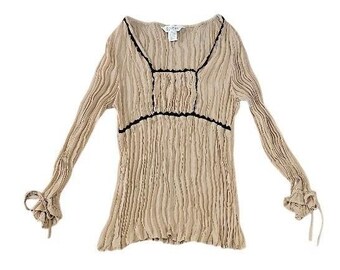 Allison Taylor Top Women Large Y2K Crinkle Beige Empire Waist Romantic Vintage