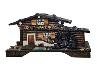 Vintage Japan Wood Chalet Music Box Water Wheel Alpine Cabin Jewelry Box Mirror