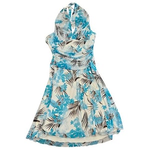 Speechless Women Large Vintage 90s Y2K Hawaiian Halter Tropical Blue White Mesh Midi Dress
