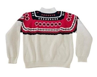Vintage Marcraft Knits Sweater Medium Red White Navy Fair Isle Mock Turtleneck
