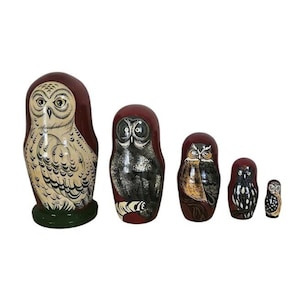 VTG Matryoshka Nesting Dolls Russian Snowy Owl Wood Set of 5 Collectible 1994