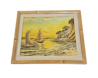 Vintage Japanese Silk Embroidery Art Sailboats Coastal Sunset Bamboo Frame 13x11