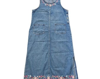 Vintage Expressions Floral Embroidered Denim Maxi Jumper Dress Blue Womens Large