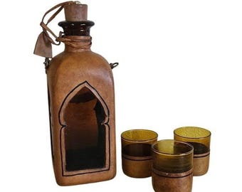 Vintage Leather Wrapped Amber Glass Decanter and 3 Shot Glasses Barware Set