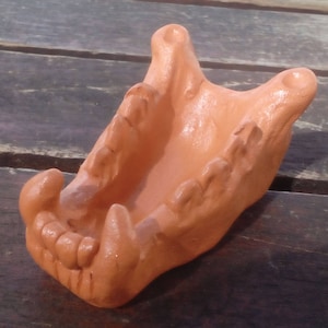Pode incluir: Uma escultura de argila de terracota de uma boca aberta com dentes, que se assemelha a uma mandíbula. A escultura é de cor laranja claro e tem uma superfície áspera e texturizada.