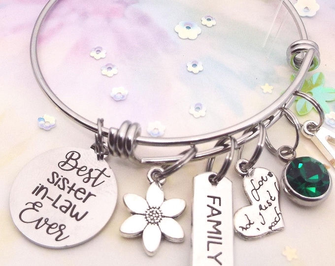 Sister In Law Jewelry Gift, Personalized Charm Bracelet with Initial & Birthstone