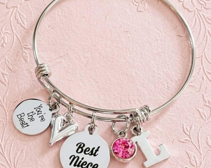 Personalized Niece Stainless Steel Charm Bracelet, Custom Initial, Birthstone, Heart Charm (Gift Box)