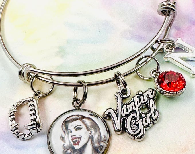 Vampire Girl Charm Bracelet: Personalized Initial Halloween Jewelry