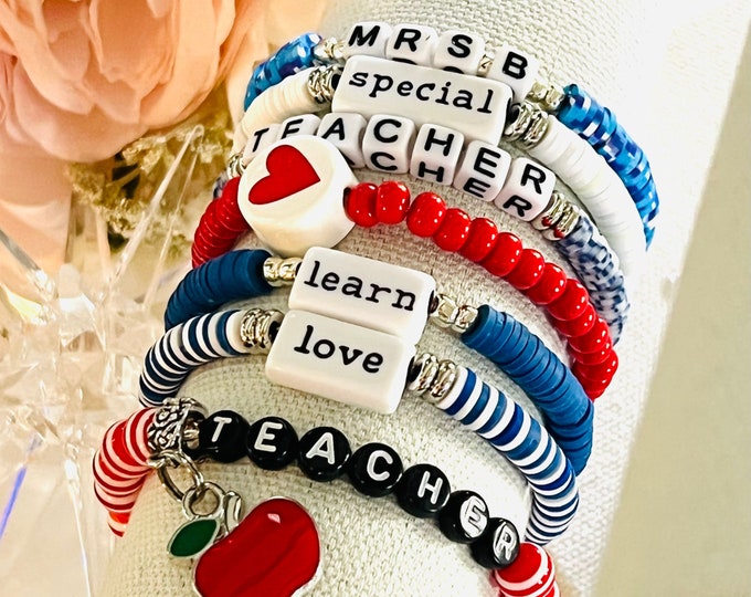 Teacher Gift | Beaded Name Charm Bracelet | Gift for Teacher | Stackable Bracelets | Personalized Gift for Teacher | Clay Beads Bracelet