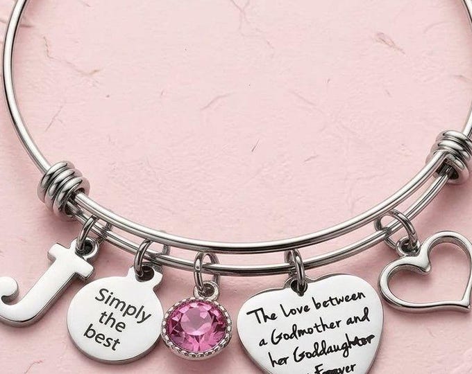Goddaughter Quote Bracelet, Godmother Bond Jewelry, Custom Initial Bangle